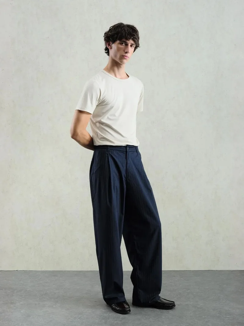 Giesto Navy Blue GIESTO Pleated Striped Gabardine Pants for Men | Best Price UAE